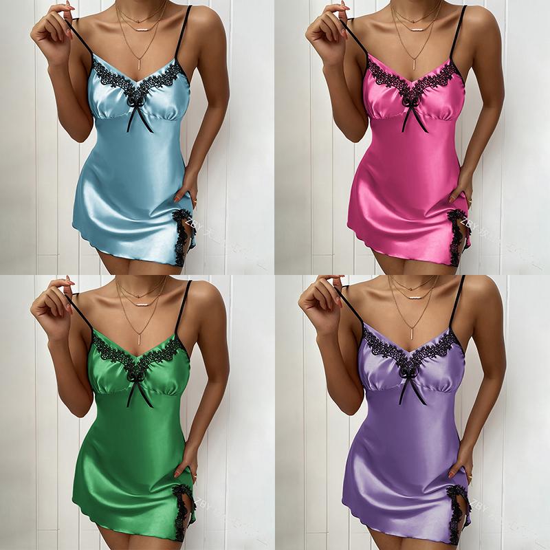 Атласная спинка, милое кружевное пижамное платье, открытые платья, сексуальная женская пижама с глубоким V-образным вырезом