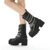 Goth Rivet Emo Shoes Platform Heeled Boots Women Big Size Chain Metal Decoration Chunky Heels Combat Boots Mid Calf