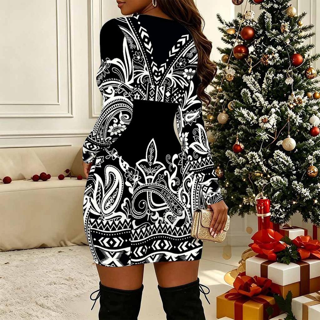 Женское платье-мини Bodycon с длинным рукавом, V-образным вырезом, перекрестным вырезом, большого размера, для клуба