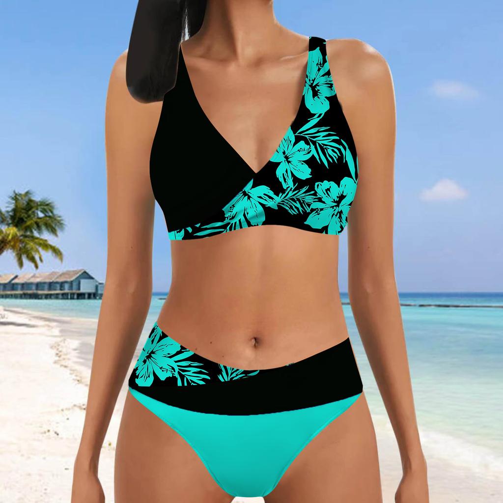 Women's Halter Two Colored Flowers Print Bikini Tankini Swimsuit