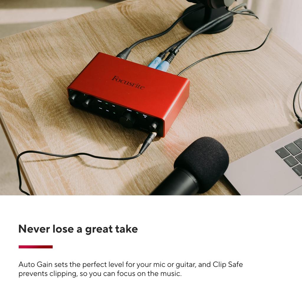 Focusrite Scarlett 2i2 USB-аудиоинтерфейс 4-го поколения для подкастинга. Все необходимое программное обеспечение для записи, написания песен,
