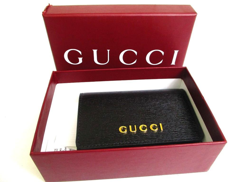 Оригинальный держатель для визиток и кредитных карт GUCCI с логотипом-надписью, черная кожа, № b166. Открытая коробка