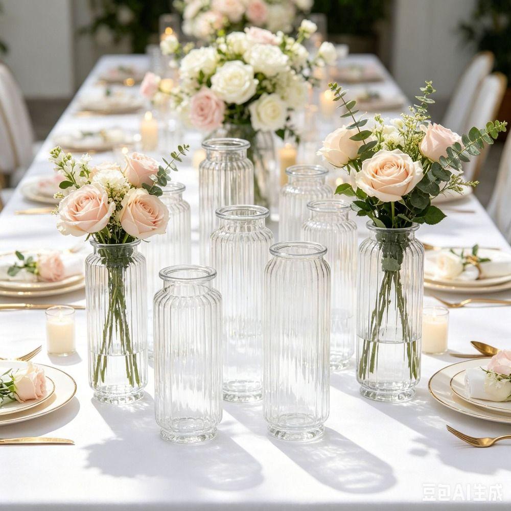 Nordic Style Clear Flower Vase Ribbed Design Cylinder Vases Modern Flower Arrangement Living Room