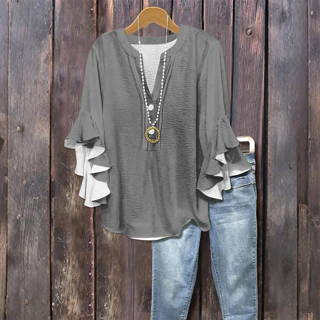 Women's Fashion Casual Button V-Neck Seven Sleeve Vintage Solid Color Shirt Top
