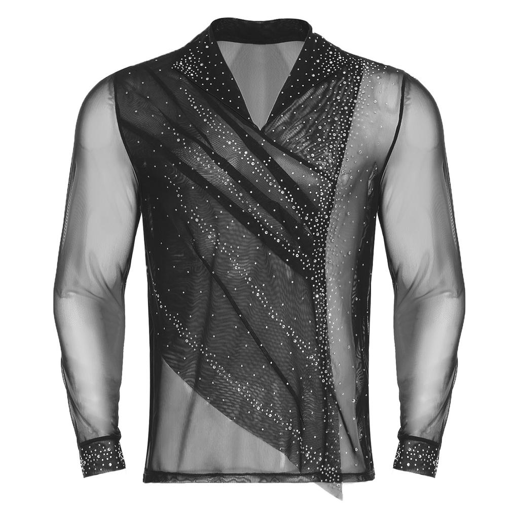 Mens Figure Skating Top Sheer Mesh Glittery Rhinestones Front Ruched Overlay Lapel V Neck Long Sleeve Shirt