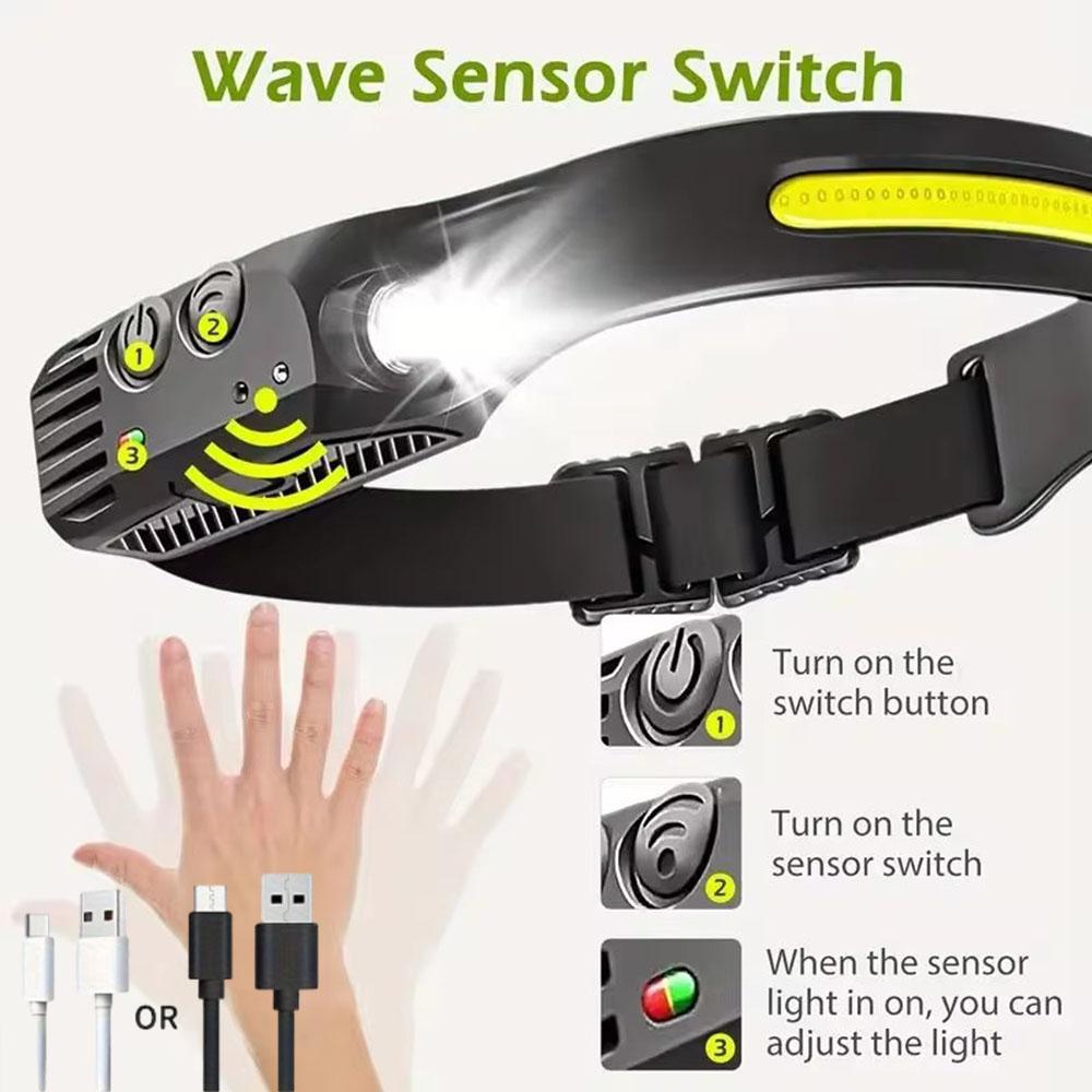 COB LED Sensor Headlamp USB перезаряжаемый супер яркий индукционный Headlight с 5 режимами для рыбалки кемпинга походов на открытом воздухе