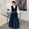 2024 New Hong Kong Style Retro Denim Dress Suit: Long-Sleeve Shirt & Denim Vest Skirt Set