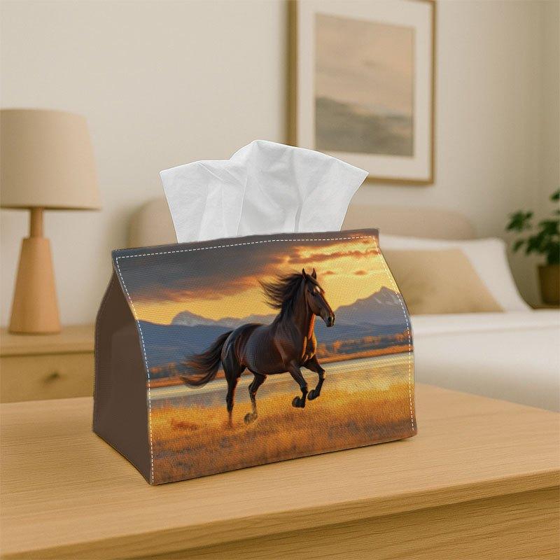 2D Flat, 1 Tissue Box, 2D Plane, Single-sided Printing, 1 Realistic Western Natural Style - Fabric Napkin Holder with Galloping Horses and Sunset Fiel
