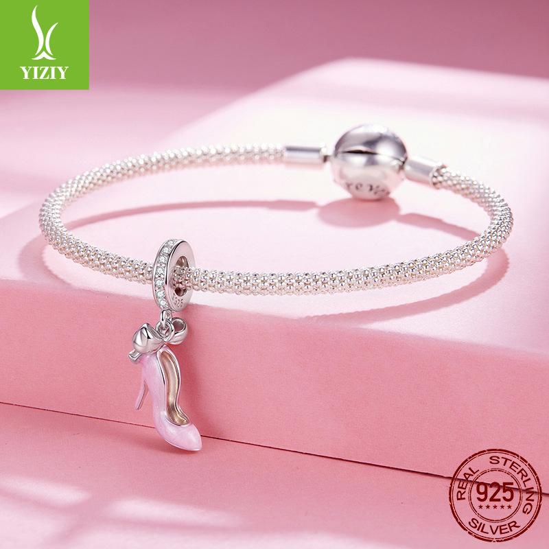 Pink High Heels S925 Sterling Silver Pendant Accessories Fairy Princess Style Diy Bracelet Beaded