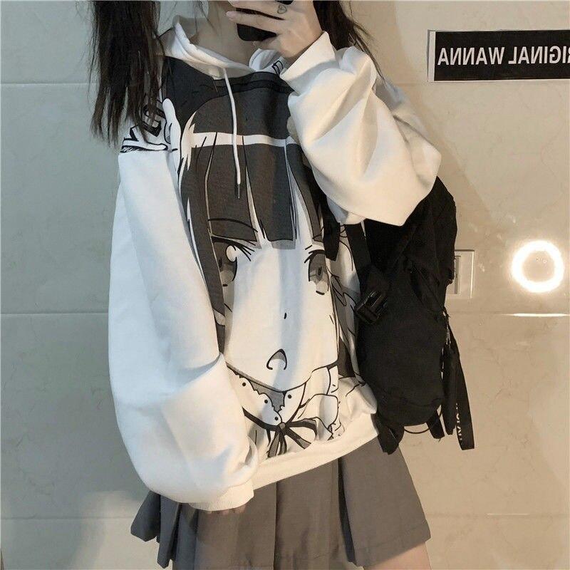 Женская аниме-толстовка с принтом, японская Harajuku Manga Kawaii, милые толстовки с капюшоном, уличная одежда
