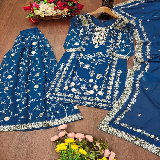 Royal Teal Blue Embroidered Sharara Set with Dupatta