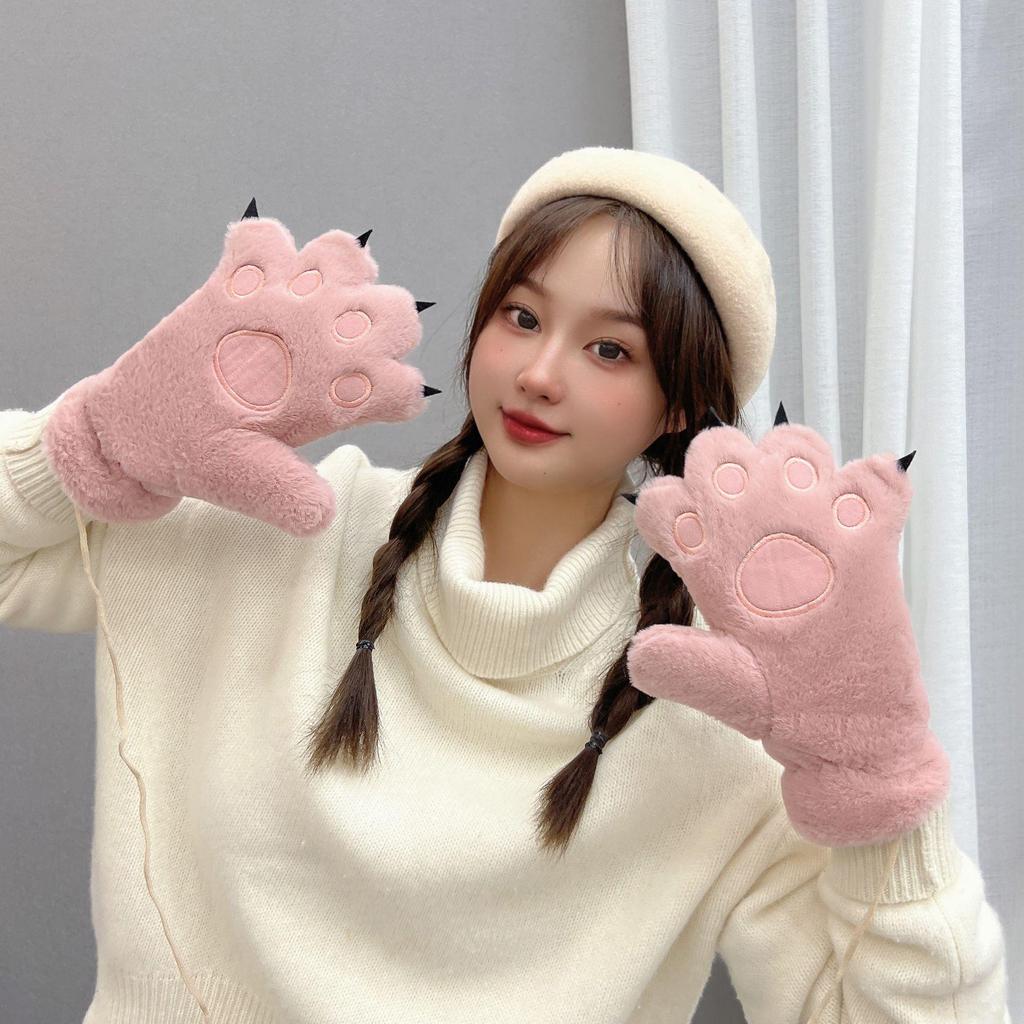 Женские осенне-зимние милые плюшевые перчатки с лапками медведя и кошки - Толстые, теплые, с мультяшным дизайном для студентов