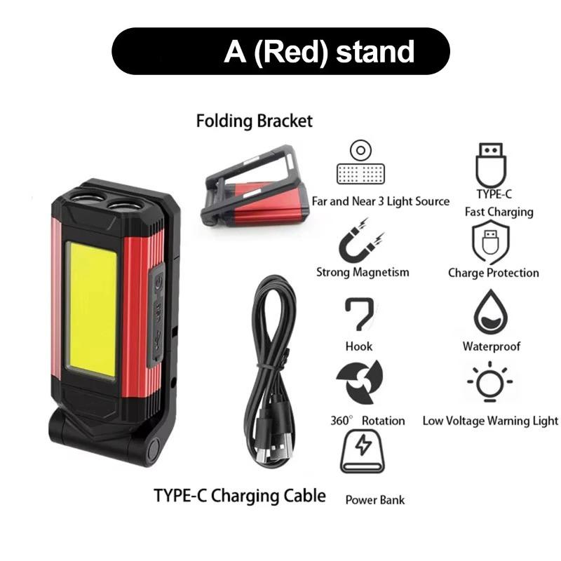Светодиодный рабочий фонарь USB Type-C Зарядка Фонарик Красные Магнитные Фонари Водонепроницаемый Рабочий Крюк Перезаряжаемый Складной COB Вращающийся Самый Яркий