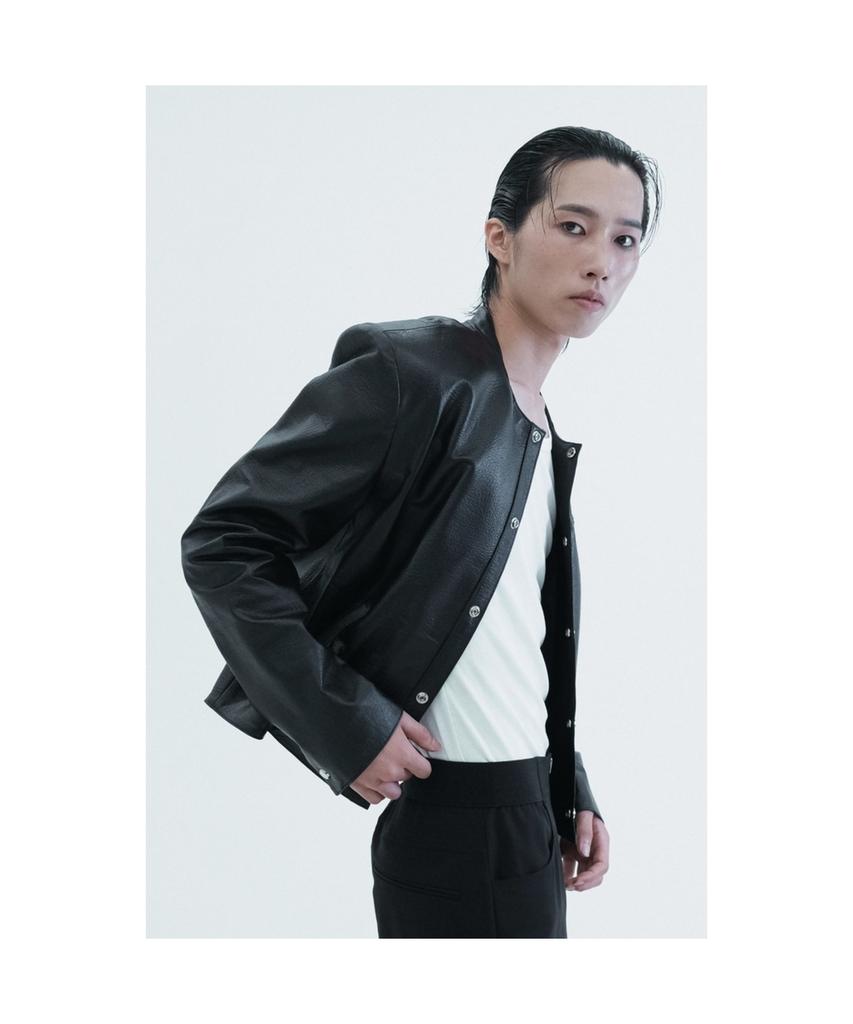 LUNECAVE Leather Round Neck Trucker Jacket