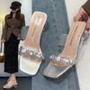 Summer Large Size High-heeled Slippers Female External Wear Square Head Rhinestone One Word Sandals Temperament Women's Shoes Fashion Women Shoes