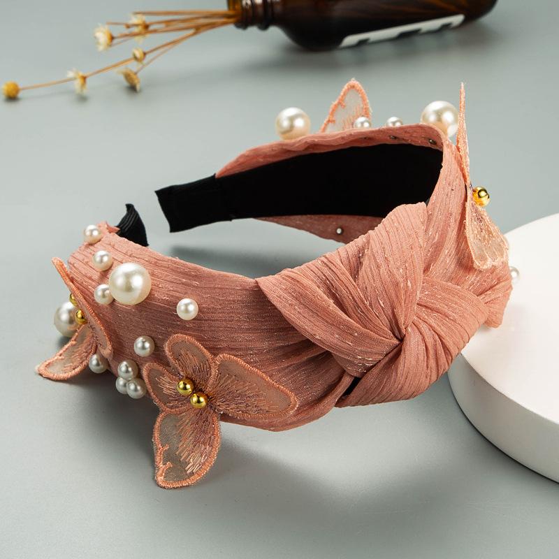 Женская кружевная повязка на голову для мытья лица с бабочкой и жемчугом, однотонная повязка на голову с широким краем и крестообразным узлом