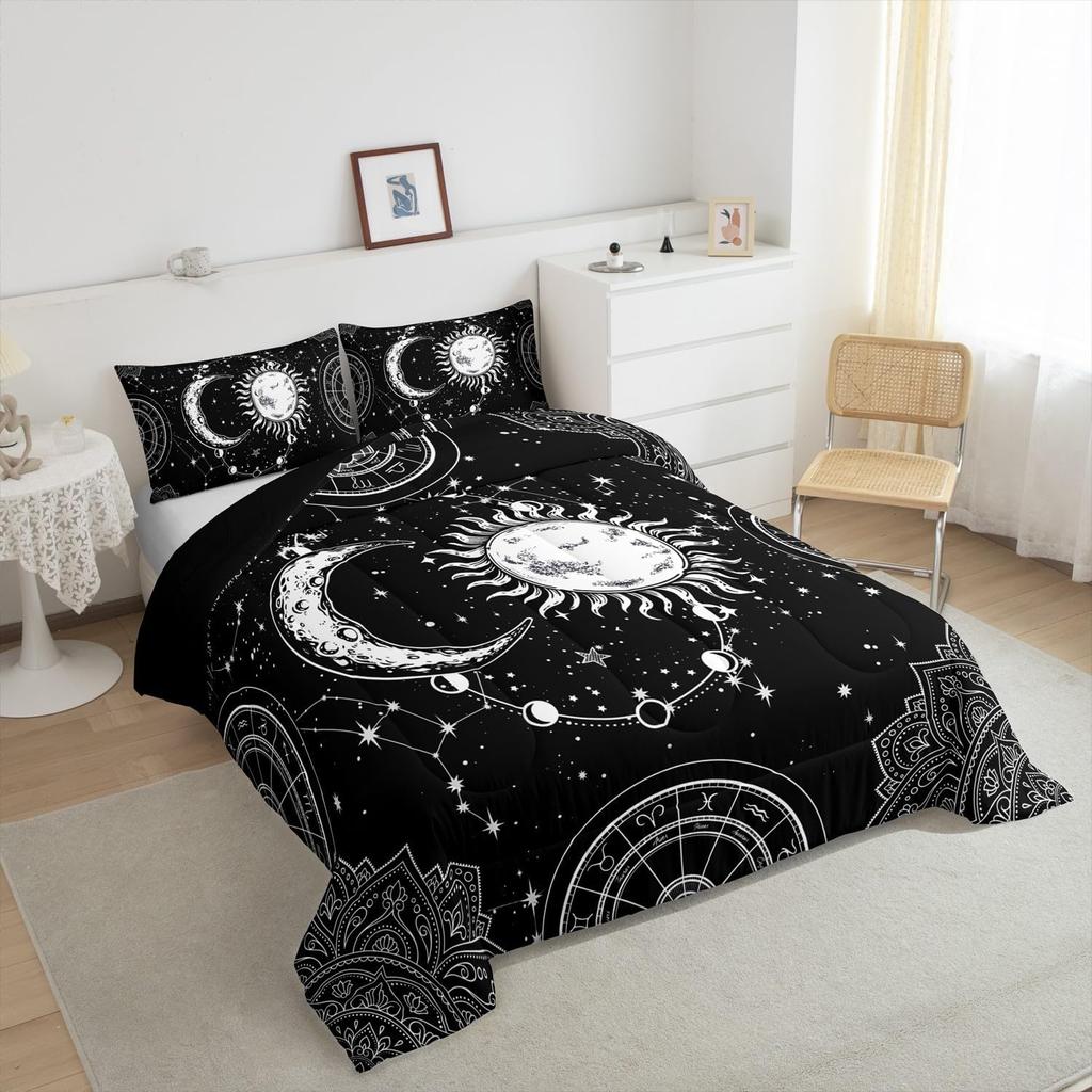 Sun and Moon Bedding Set Constellation Galaxy Comforter for Kids Boys Girls Teens Psychedelic Boho Mandala Comforter Breathable Celestial Du