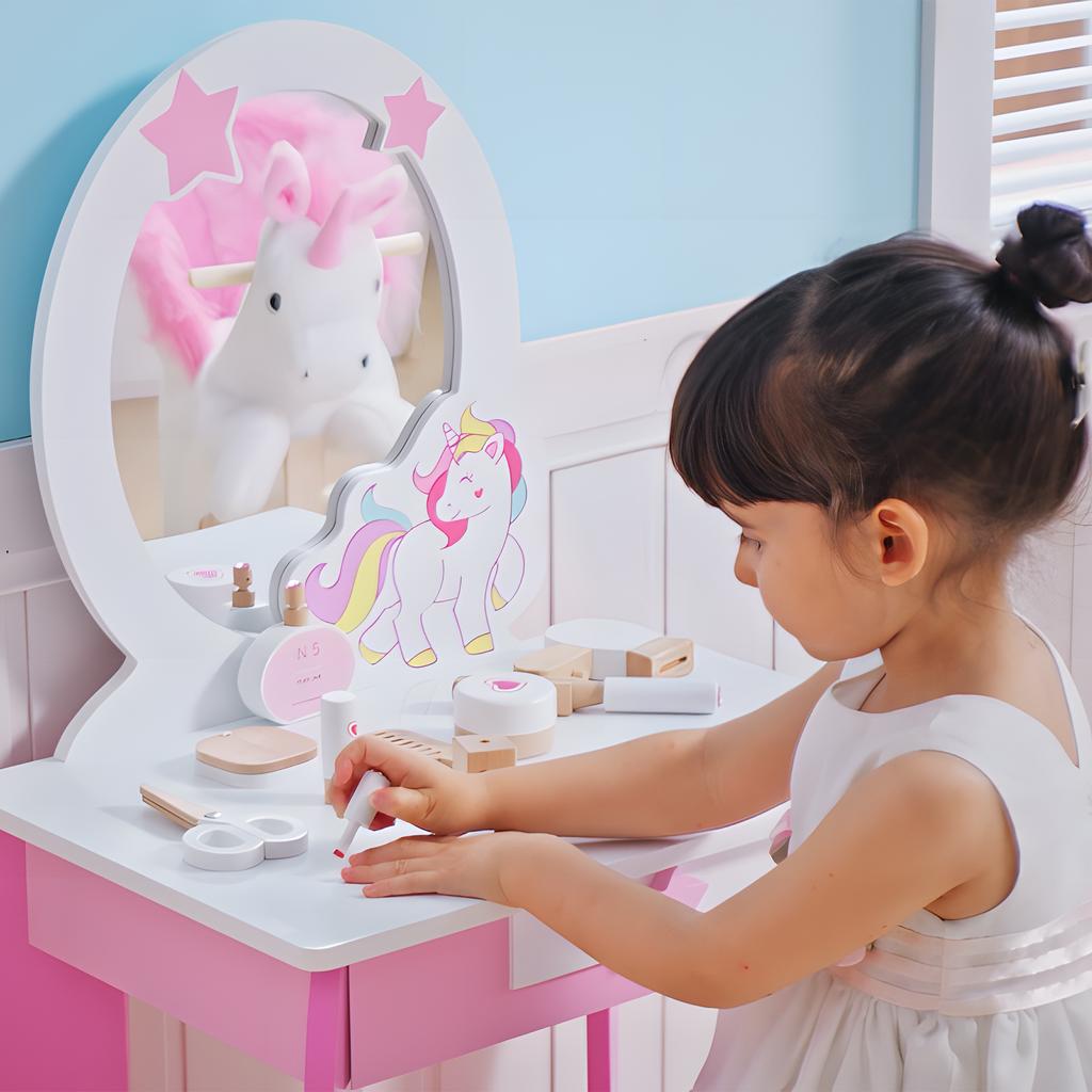 Kids Dressing Table With Mirror Stool Pink