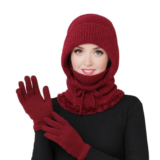 2Pcs/Set Women Hat Gloves Set Solid Color Plush Lining Knitting Beanie Hat with