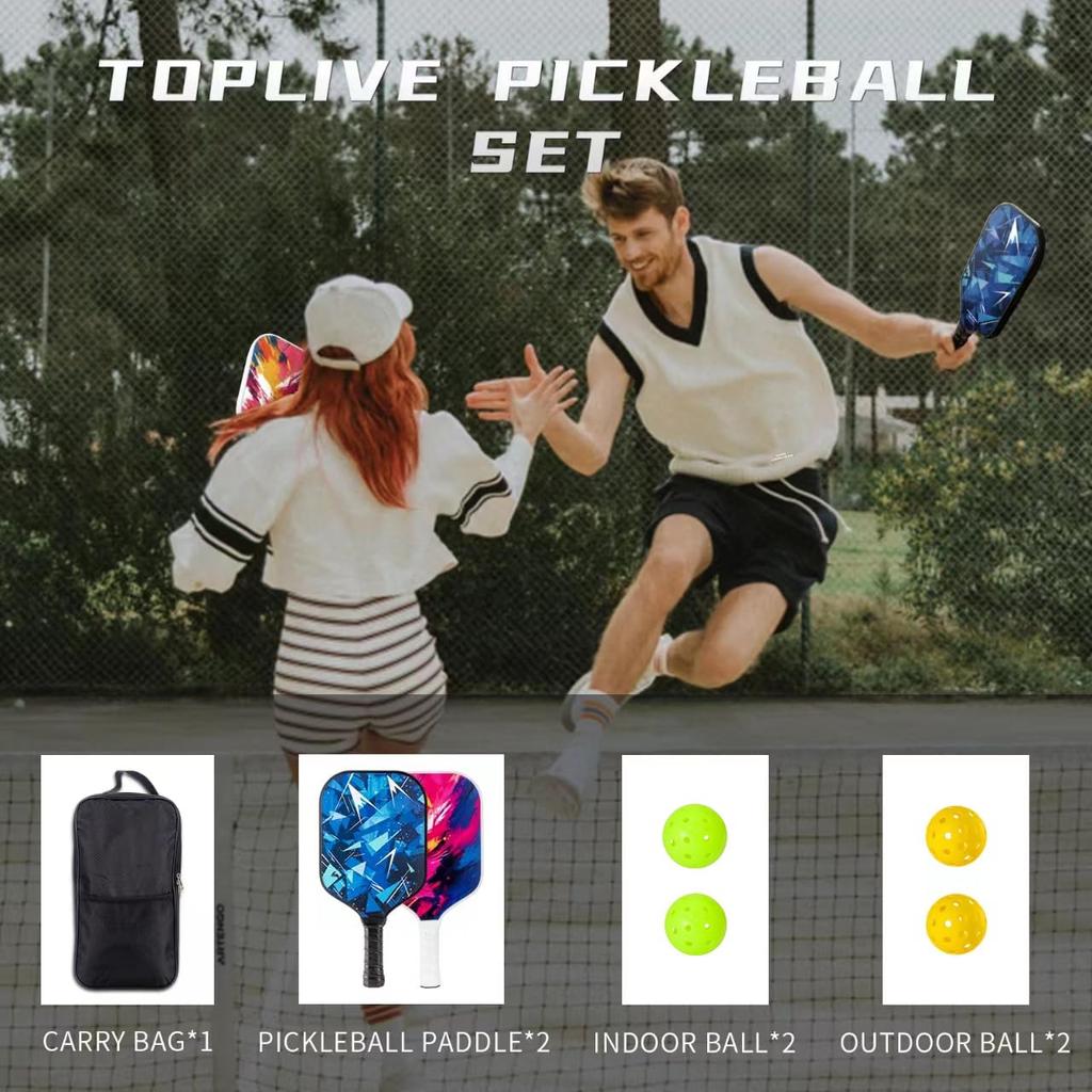 Toplive Pickleball Racket 2 Pieces Pickleball 4 Pieces Pickleball Beginner Pickleball Balls with 1 Pickle Ball Storage Durable Competition Racket for