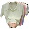 Women Summer Ice Silk Polo Collar Top Knitted Sweater T-shirt Top Unique Short-Sleeve Single-breasted Solid Color