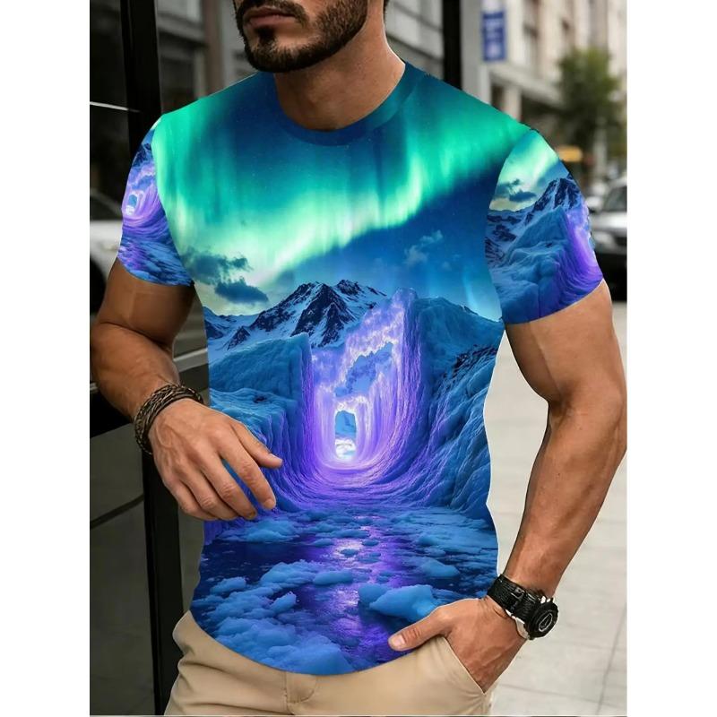 Men's Aurora Borealis Ice Cave Mountain 3D Landscape Print T Shirt Nature Scenery Short Sleeve Casual Top