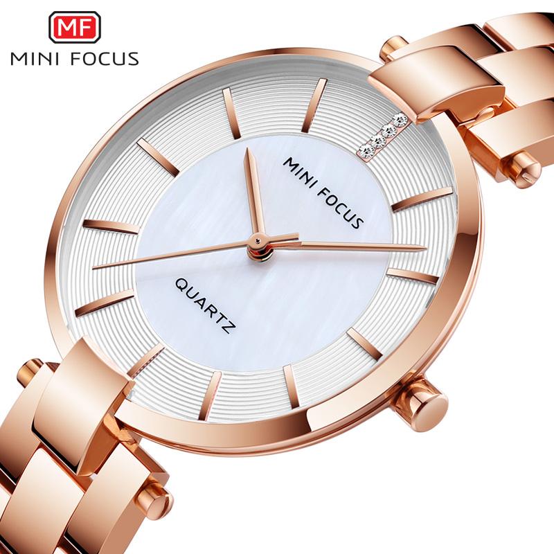 MINI FOCUS Women's Rose Gold Wrist Watches Simple Stainless Steel Bracelet Waterproof Dress Quartz Watch for Lady Woman 0224Rose