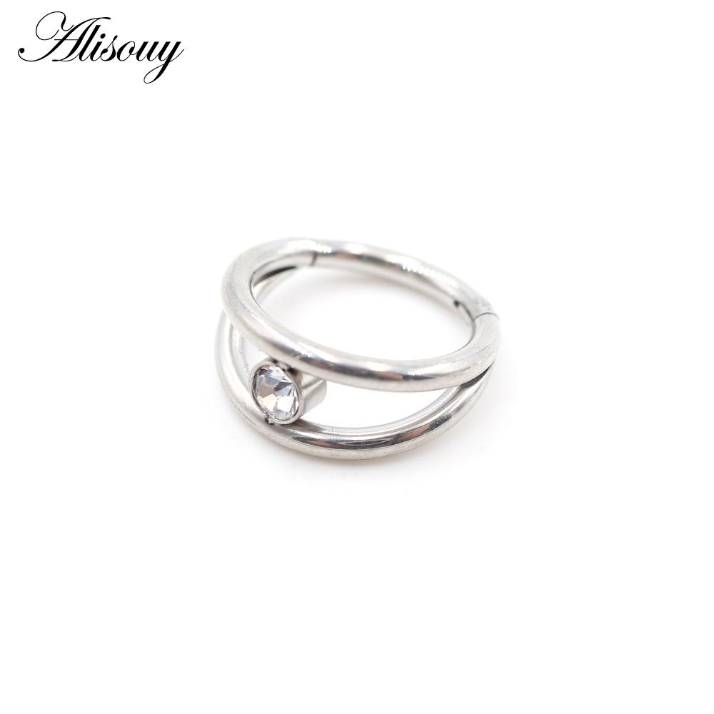 Alisouy 1pc Two Layers Zircon CZ Cartilage Earrings Stainless Steel Hinged Piercing Septum Clicker Nose Rings Hoop Segment Rings