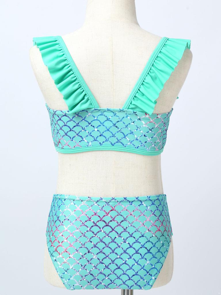 Детские купальники, топы с рюшами на бретелях, купальный костюм с принтом, комплект бикини из двух предметов для маленькой девочки