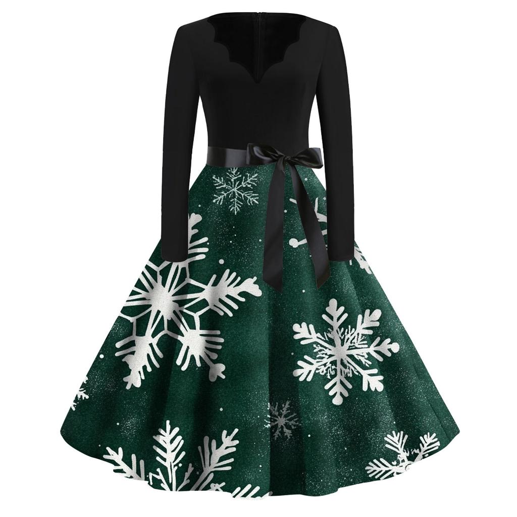 Женские модные повседневные тонкие рождественские платья с длинным рукавом с v-образным вырезом и принтом