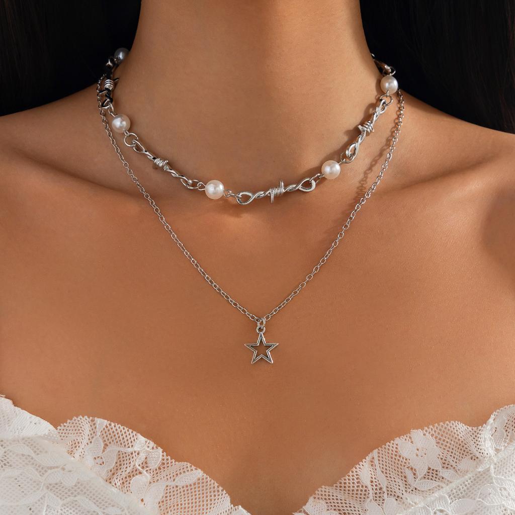 Sweet And Cool Wind Star Love Pendant Fringed Necklace, Creative Imitation Pearl Beaded Collarbone Necklace