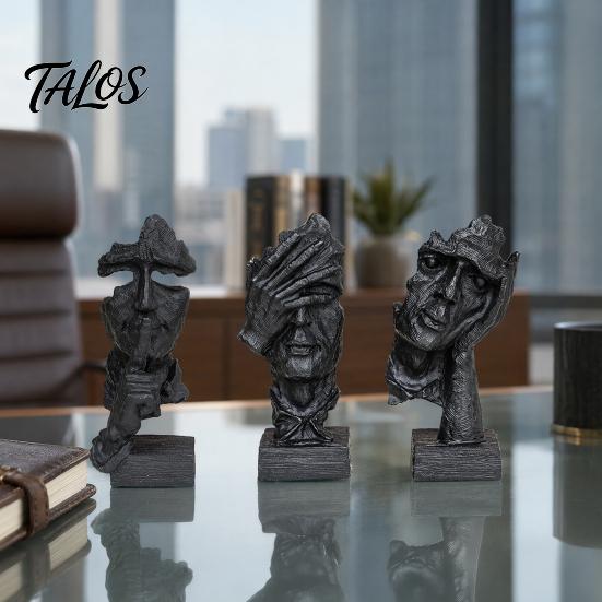 Talos Набор из 3 абстрактных молчаливых статуэток-фигур, Минималистичный арт-декор для стола с позами «Палец к губам», «Закрытые глаза» и «Подбородок на руке», Статуэтки из смолы для гостиной