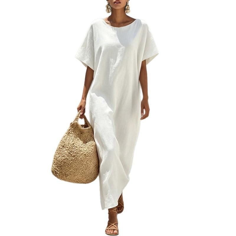 White Loose Minimalist Vacation Dress Women Elegant Short Sleeve Maxi Daily Travel