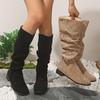 Women's Retro Suede Pleated Boots - Low Heel, Round Toe, Solid Color, 2024 Autumn/Winter Collection