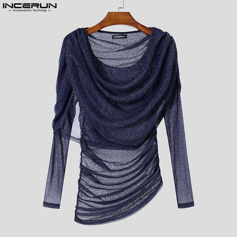 INCERUN Мужские топы с длинным рукавом и оборками из блестящей сетки для вечеринок и клубов, футболки