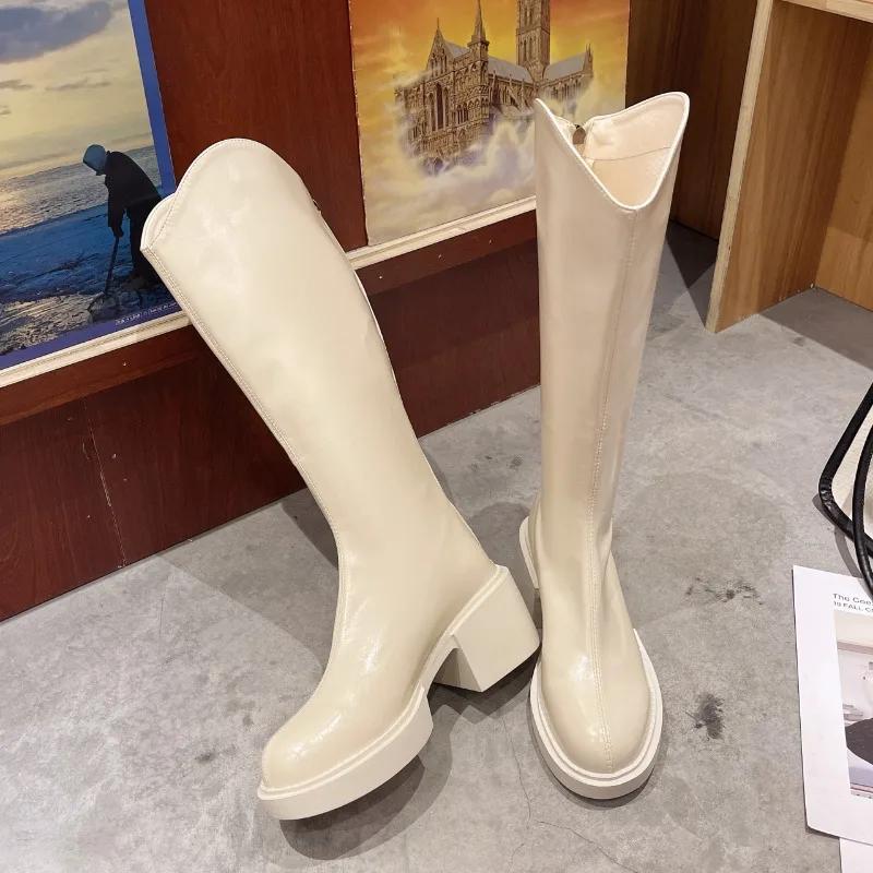 Fashion British Platform Leather Knee-high Boots for Women Fashion Increase Soft-soled Women's Shoes Designer Casual Knight Boots Female