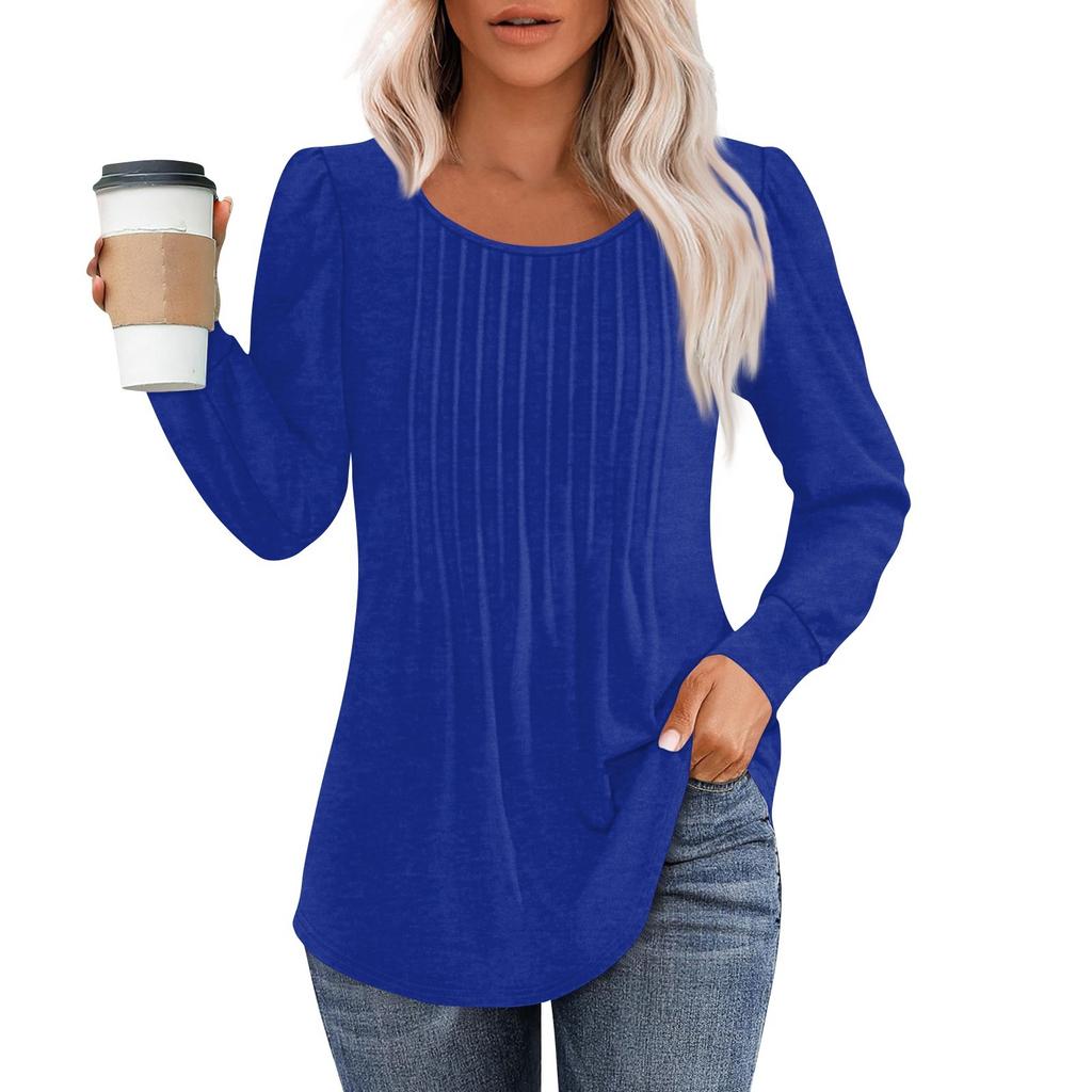 Long Sleeve Shirts For Women Tops Dressy Casual Blouses Pleated Scooped Neck Tunic Tops