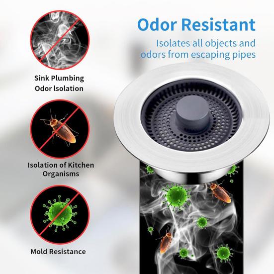Stainless Steel Kitchen Sink Filter 3-in-1 Design Odor Blocking Anti-Clog Universal Fit Fruit Vegetable Sink Strainer