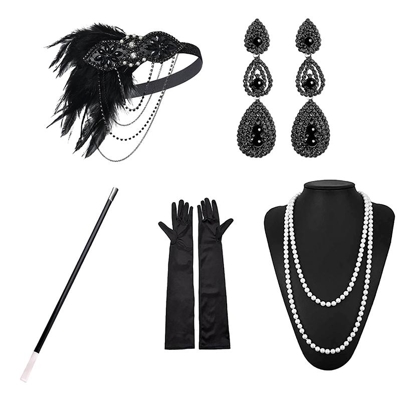 1 Set 1920'S Flapper Cosplay Costume Feather Headband Pearl Necklace Bracelet Stockings Long Glove Gatsby Masquerade Accessories