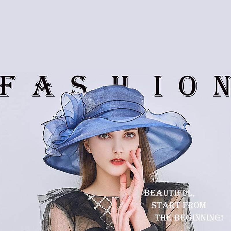 Vintage Organza Wide Brim Hat For Women Church Dress Bridal Wedding Hat Floral Mesh Sun Hat Party Beach Caps