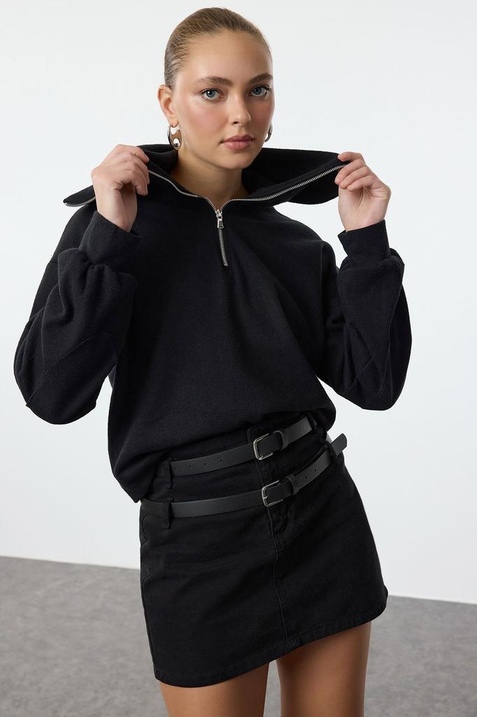 Women's Fashionable Stylish Sweatshirt Emerald Green Thessaloniki Knitwear Look Polo Neck Zippered Regular Knitted Sweatshirt