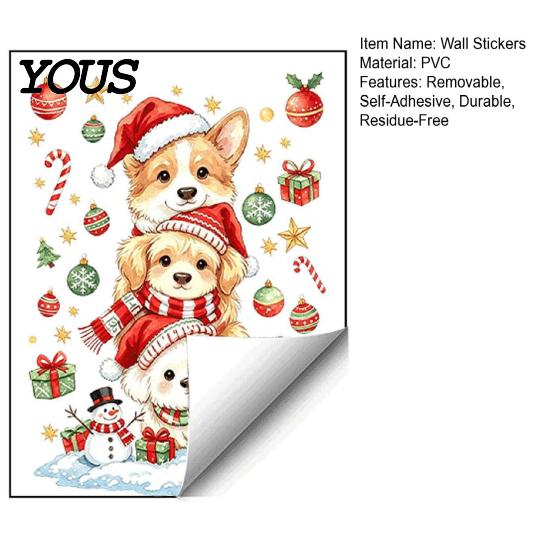 Self Adhesive Puppy Wall Art Christmas Decals, Watercolor Stacked Dogs Stickers, Self?Adhesive PVC Xmas Cute Stickers for Nursery Bedroom
