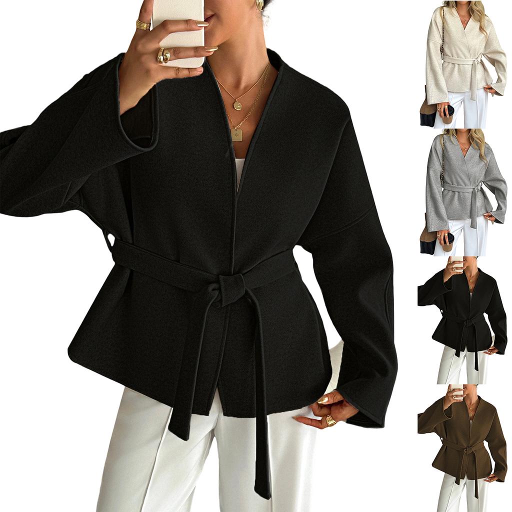 Women's Casual And Fashion V-Neck Strapped Long Sleeve Solid Color Coat