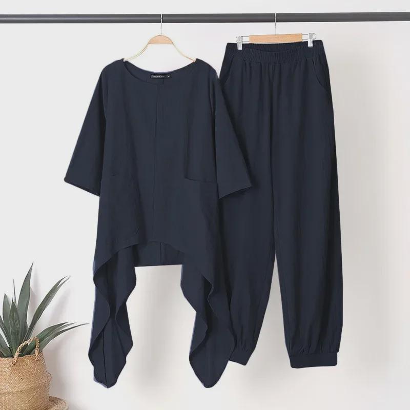 2024 Spring/Summer Casual Loose Irregular Hem Round Neck 3/4 Sleeve Cotton-Linen Suit Shirt