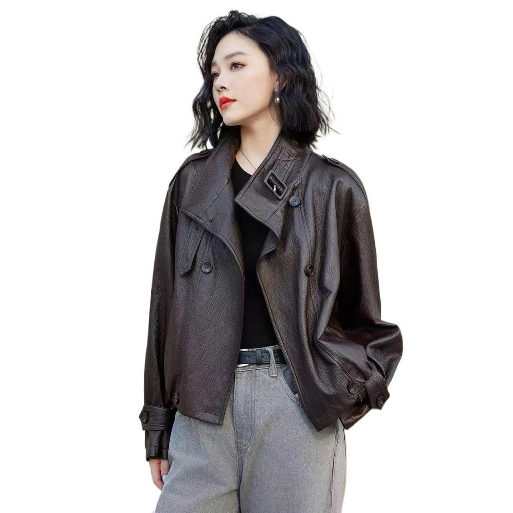 Женская осенняя кожаная мотокуртка в американском стиле 2025 года со стойкой