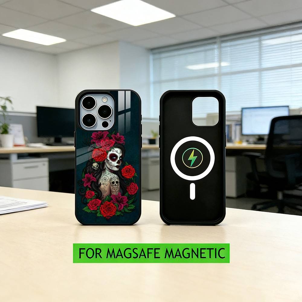 M-Мексиканская Катрина S-Череп Чехол для Телефона Для iPhone17,16,15,14,13,12,11 Plus,Pro Магнитный с Magsafe Беспроводной Зарядкой
