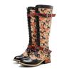 Handpainted Genuine Leather Women Long Boots Retro Floral Lace Up Belt Buckle Mid-calf Boots
