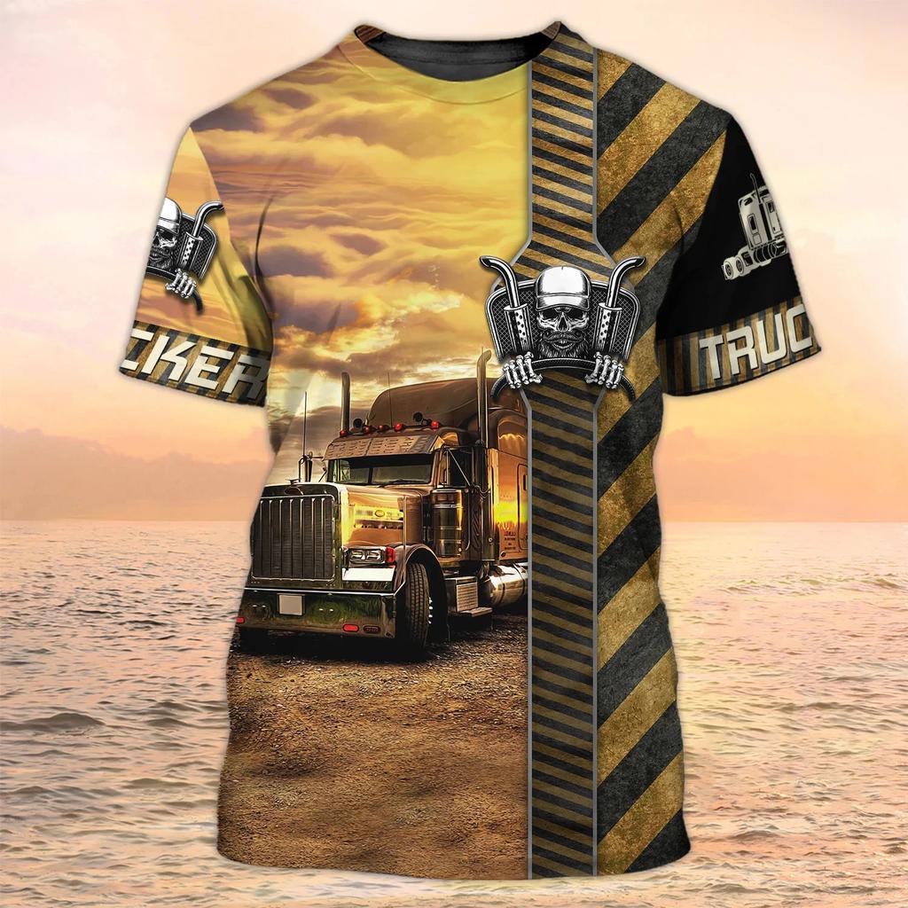 New Trucker Shirt Men's T-shirt 3D Truck Print Uniform Short Sleeve Tops 2024 Harajuku Clothing Summer O Neck Oversized Pullover