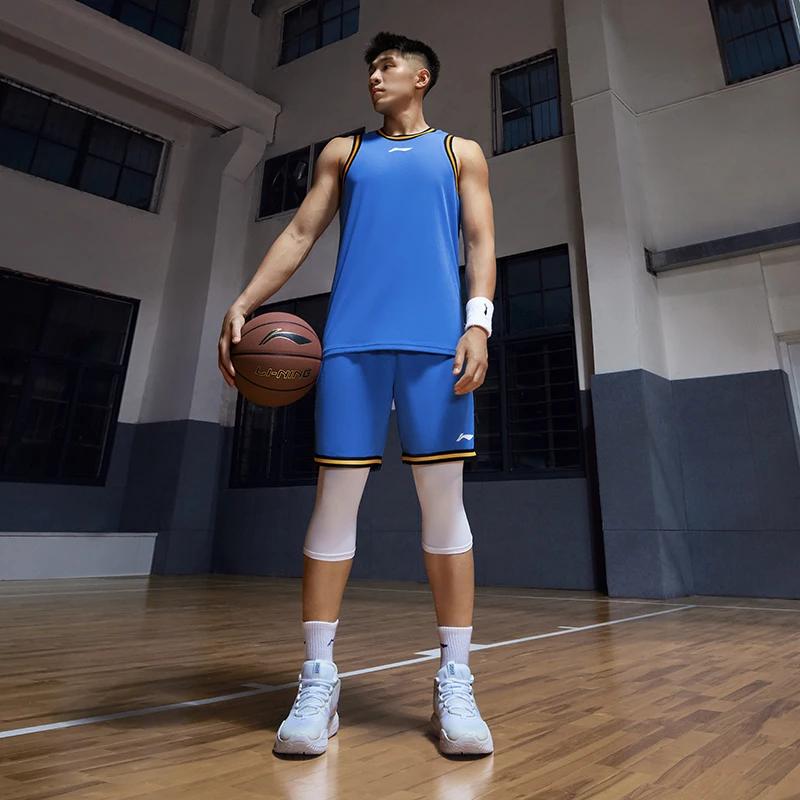 Li Ning Sports Basketball Series Logo Print Sweat-Wicking Comfortable Split Basketball Set Men Sportswear Beijing-Blue AATT001-8