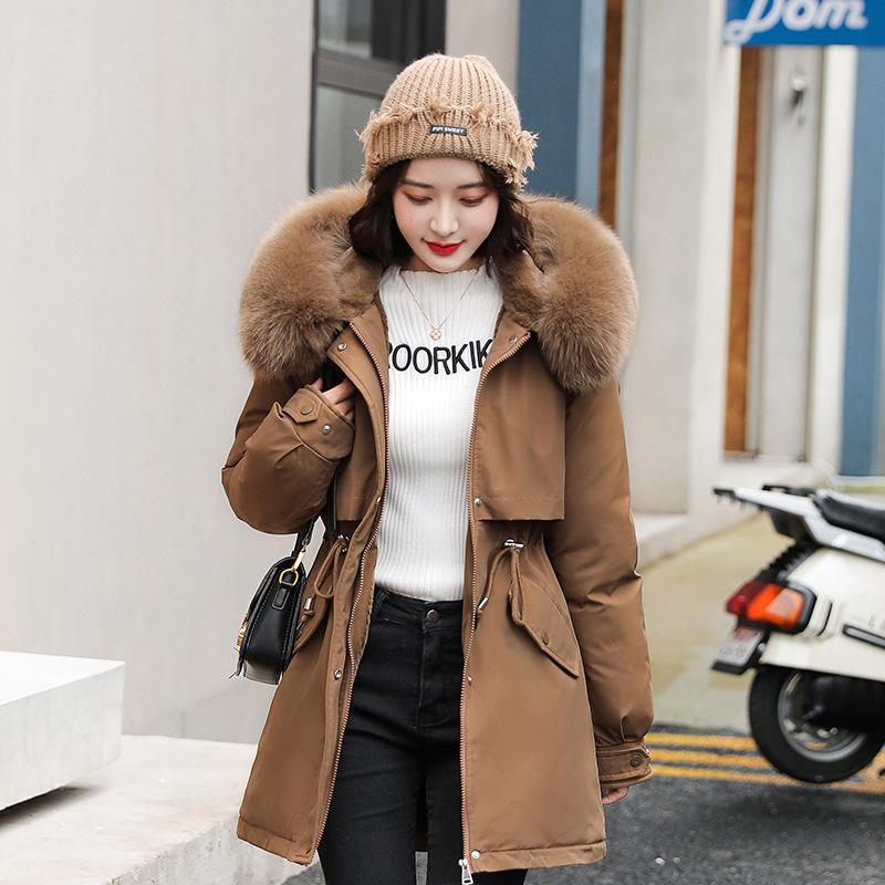 Pie overcomes women's winter large fur collar medium and long styles, thickened to keep warm, closed waist and thin, windproof and cold-proof too